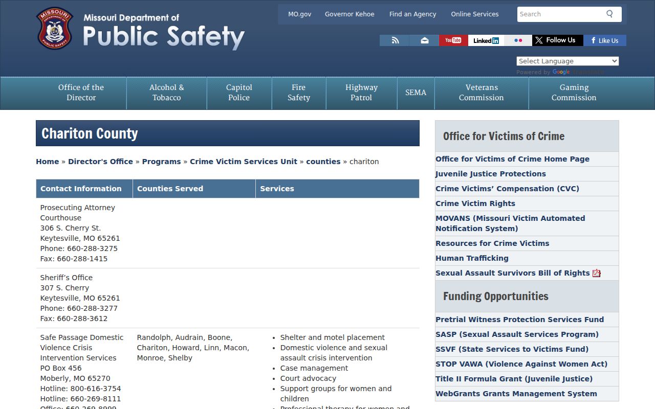 Chariton County criminal court record victim services directory