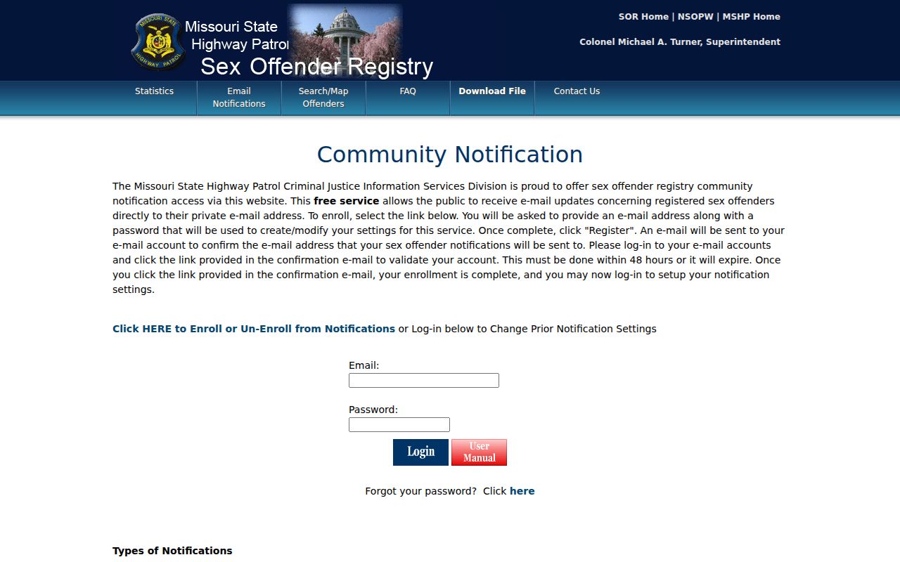 Chariton County sex offender registry email and address notification page